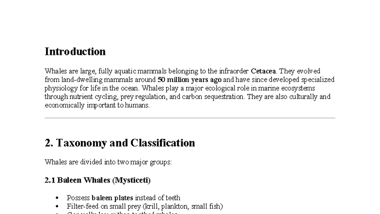 Whale - Introduction Whales are large, fully aquatic mammals belonging ...