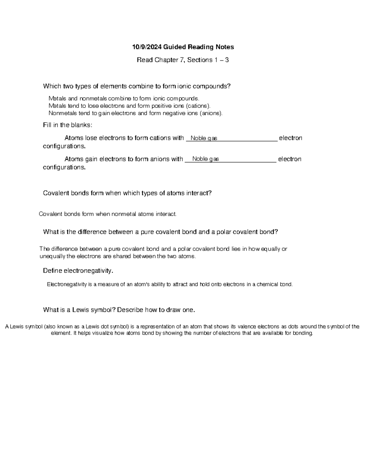 1009 Guided Reading Notes for Chapter 7: Ionic and Covalent Bonds - Studocu