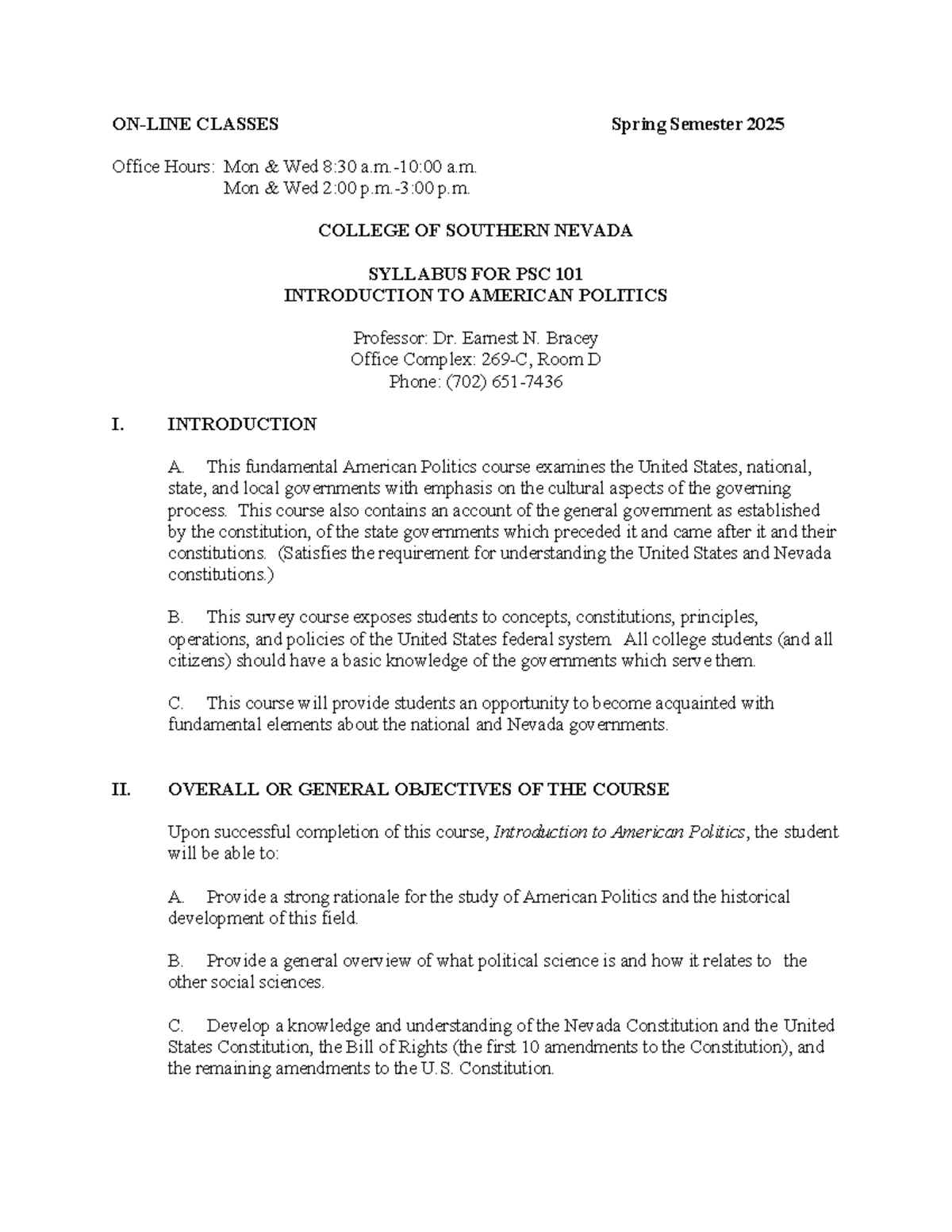 PSC 101 Syllabus: Introduction to American Politics - Spring 2025 ...