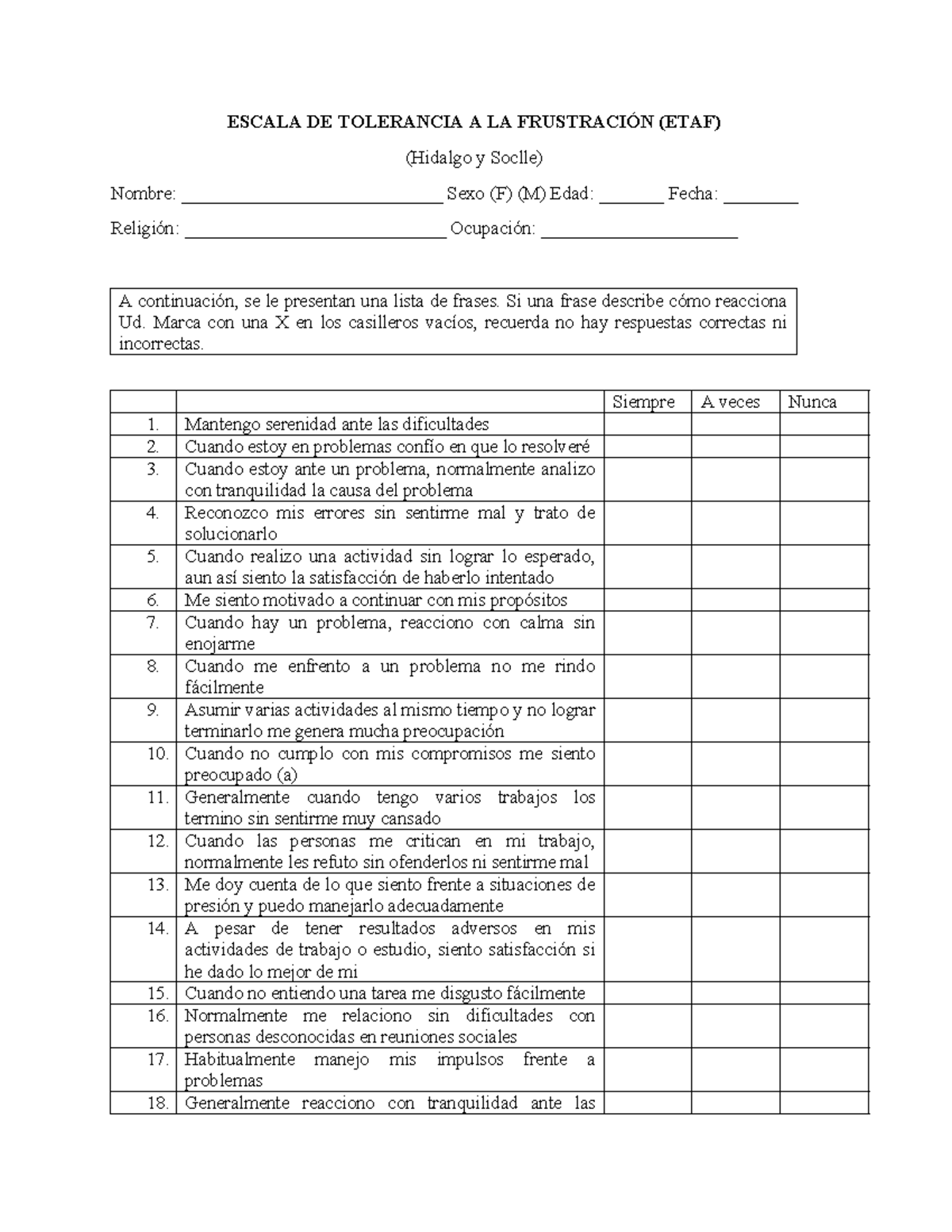 Escala de Tolerancia a la Frustración (ETAF) - Evaluación de Respuestas ...