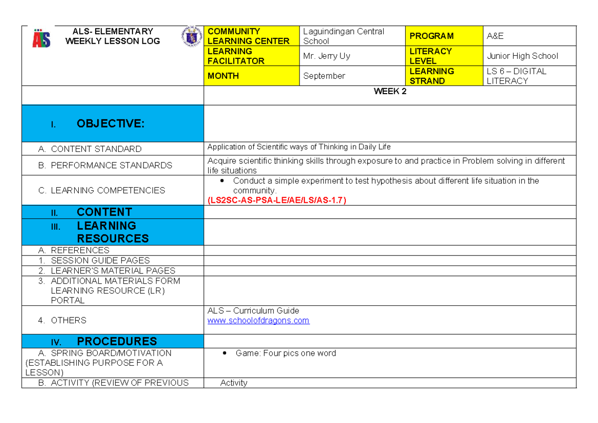 LS2 WLL WEEK 2 - Junior High School Lesson Log on Scientific Methods ...