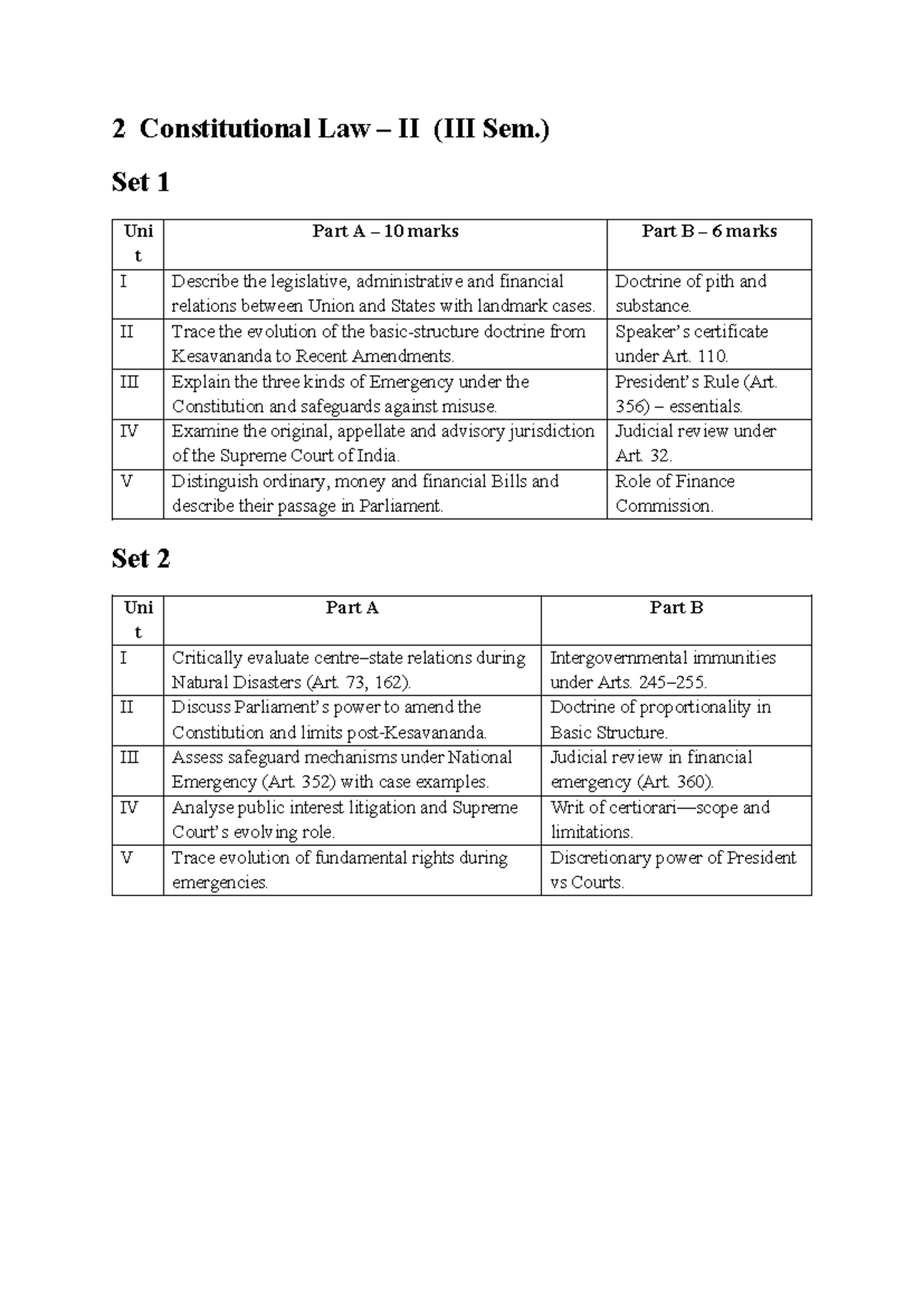 Constitutional Law II (Set 1) - Key Questions & Landmark Cases - Studocu