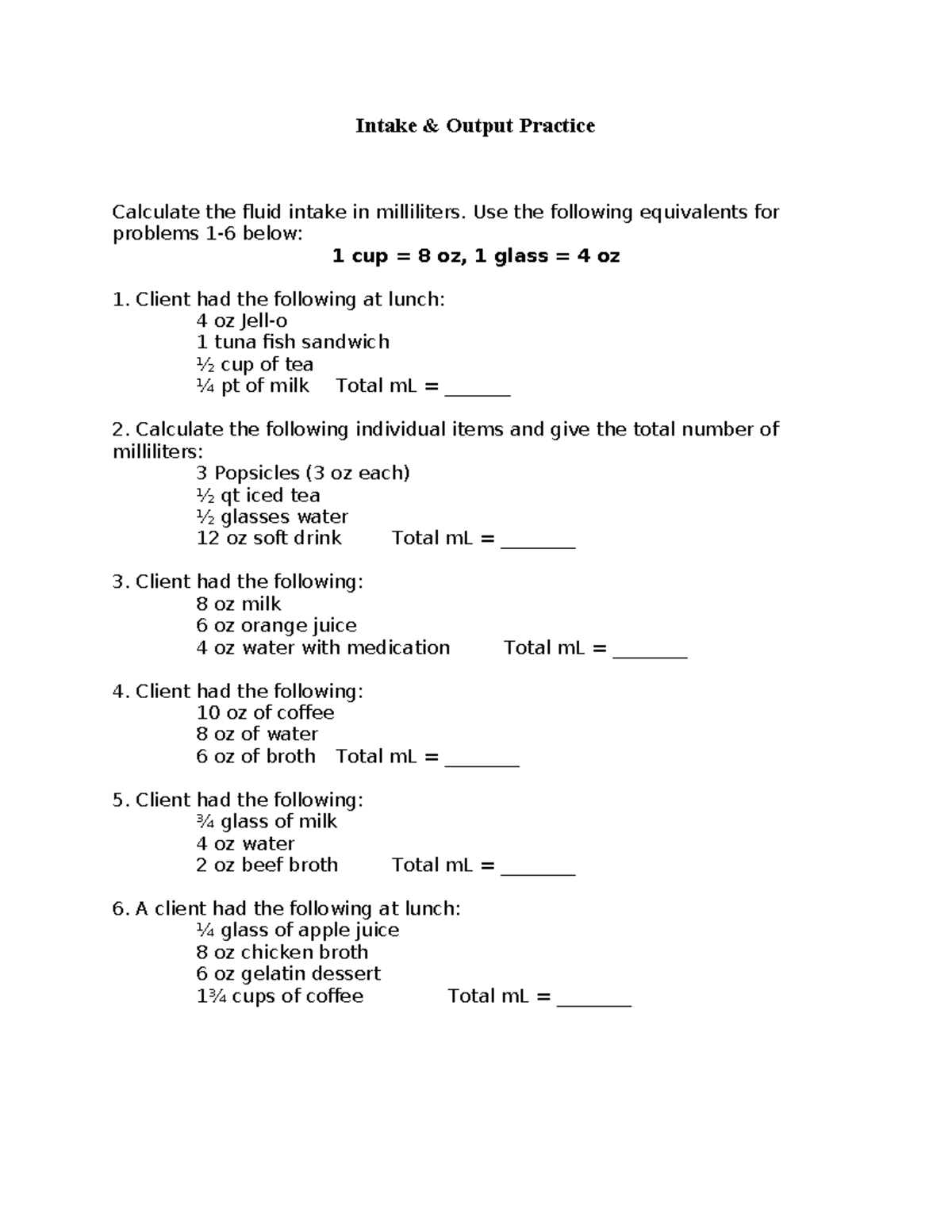input and output assessment guide - Intake & Output Practice Calculate ...