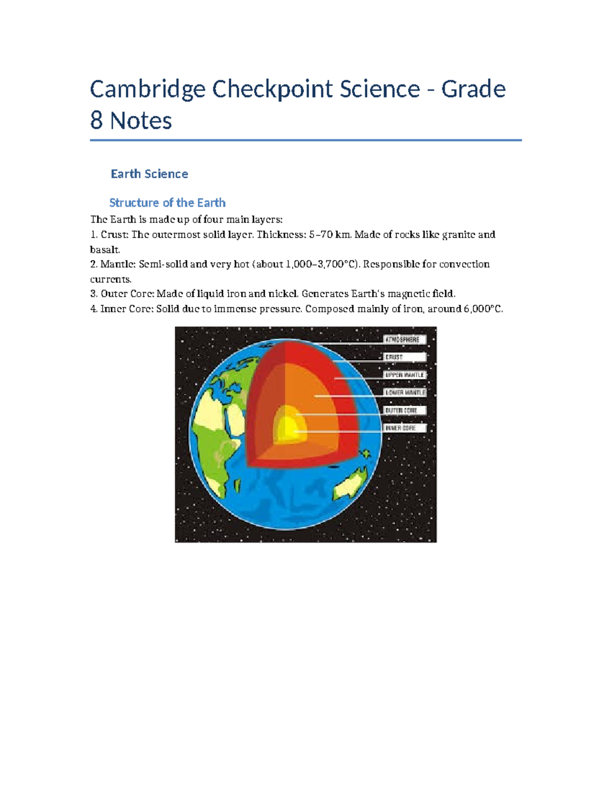 Grade 8 Earth Science Checkpoint Notes: Structure & Processes - Studocu