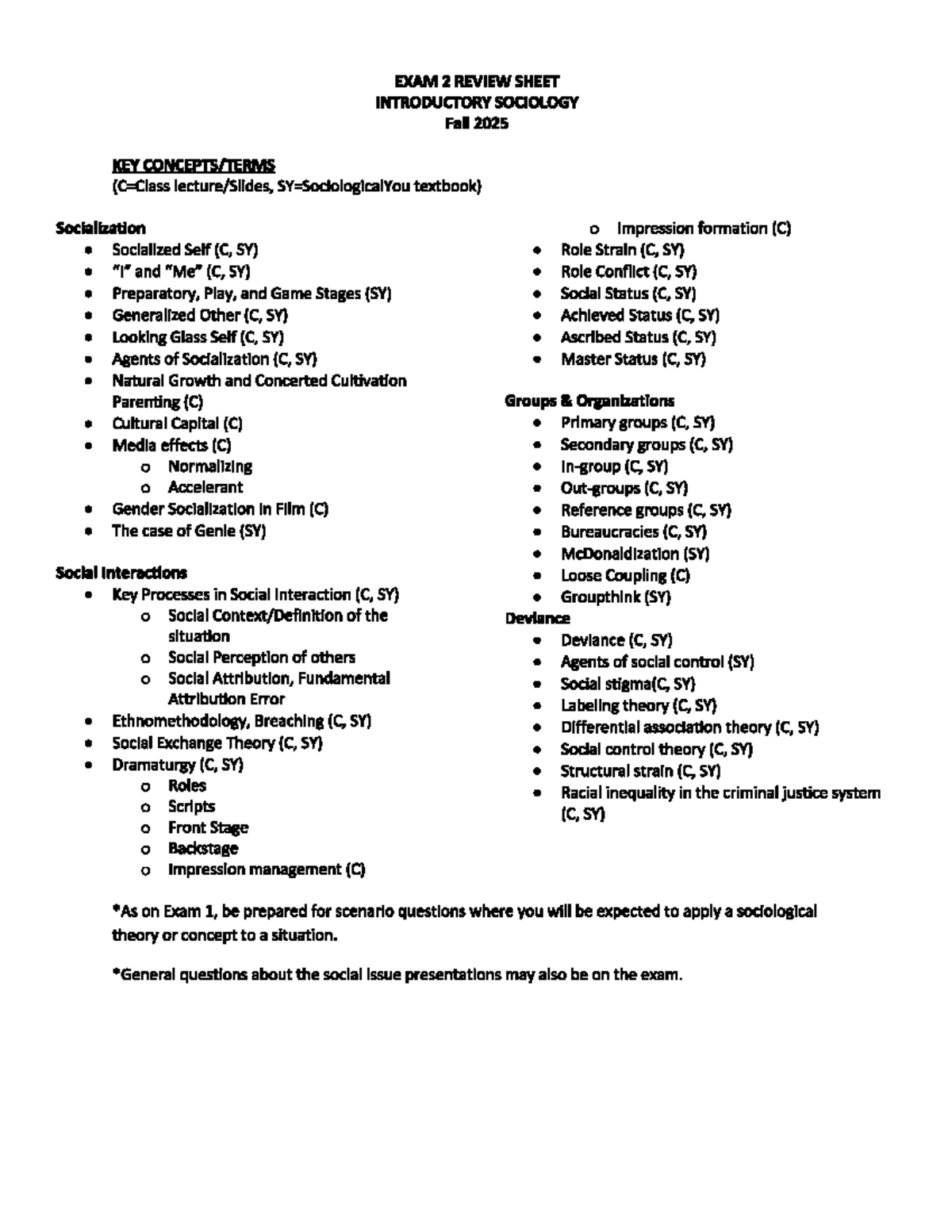 Exam 2 Review Sheet - Introductory Sociology (F25) - Studocu