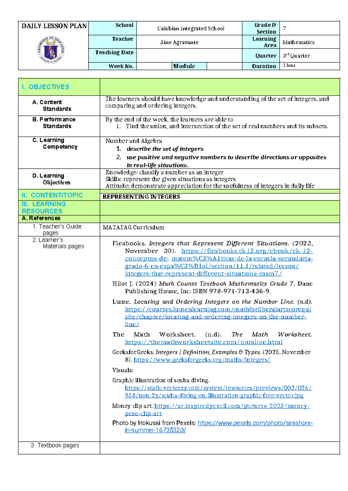 DAILY LESSON PLAN: Grade 7 Math - Integers (3rd Quarter) - Studocu