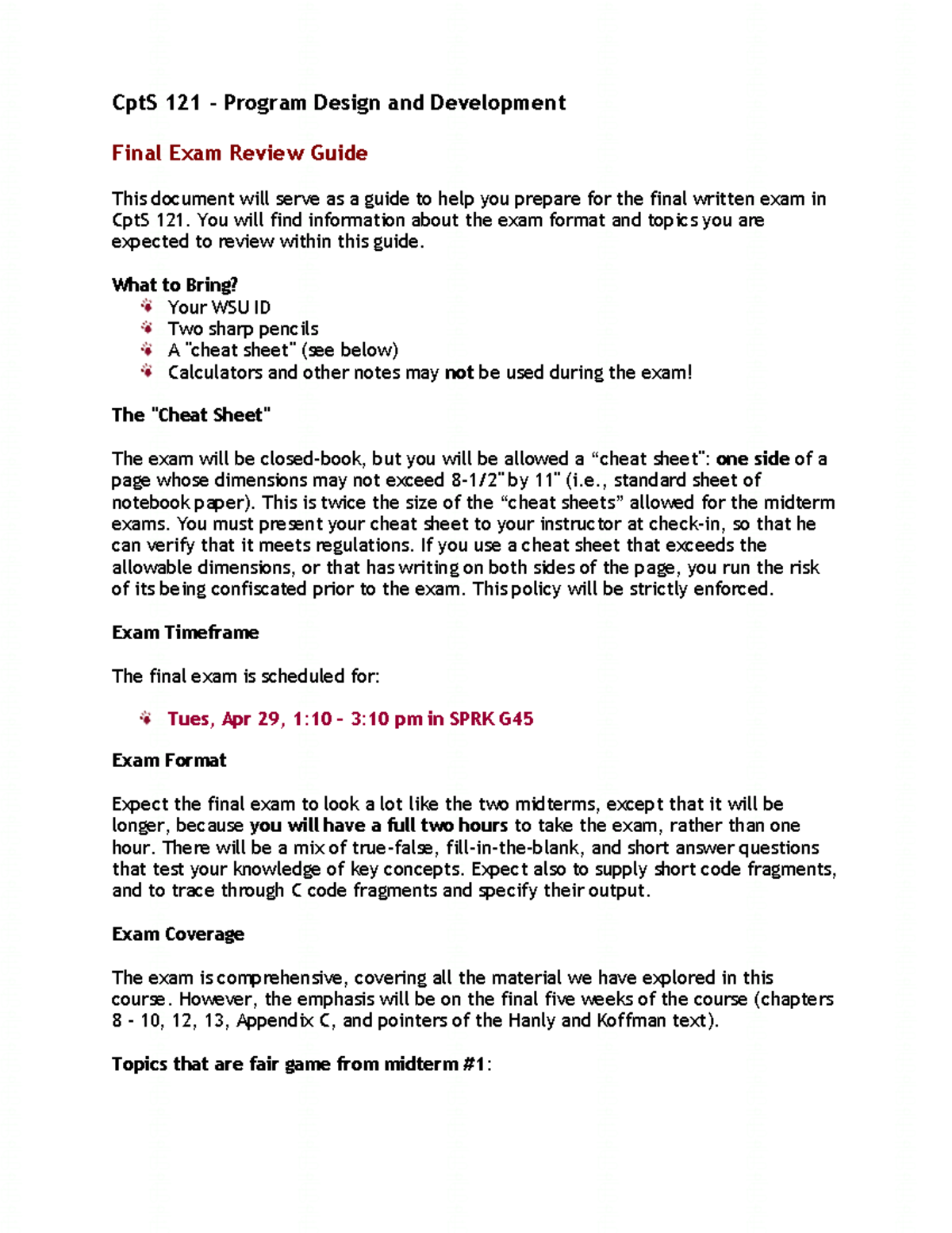 CptS 121 Final Exam Review: Key Topics and Exam Format Guide - Studocu