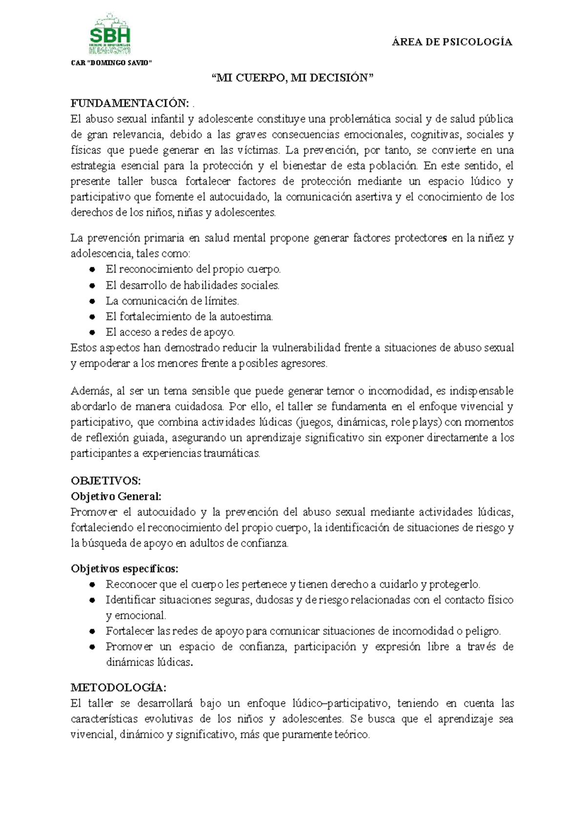 Taller de Prevención del Abuso Sexual Infantil - Psicología CAR - Studocu