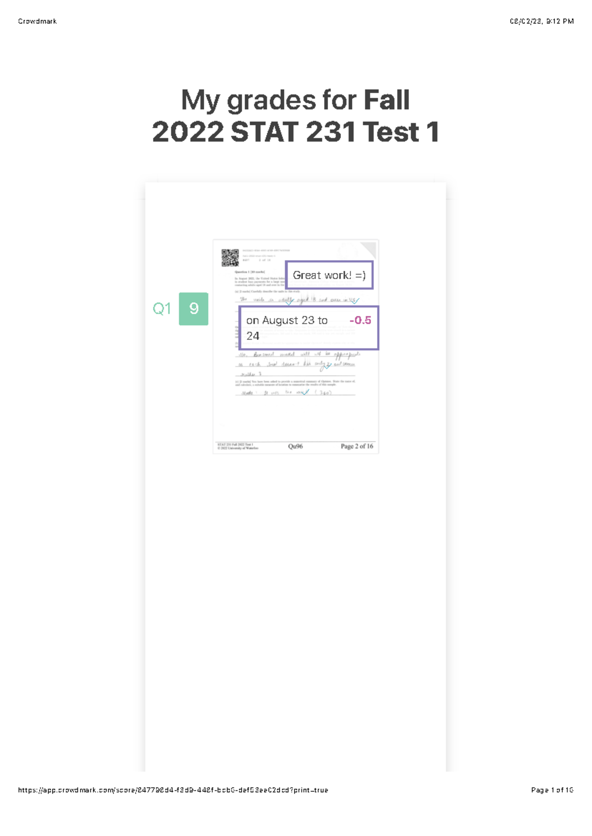 STAT 231 Fall 2022 Test 1 Grades and Feedback Analysis - Studocu