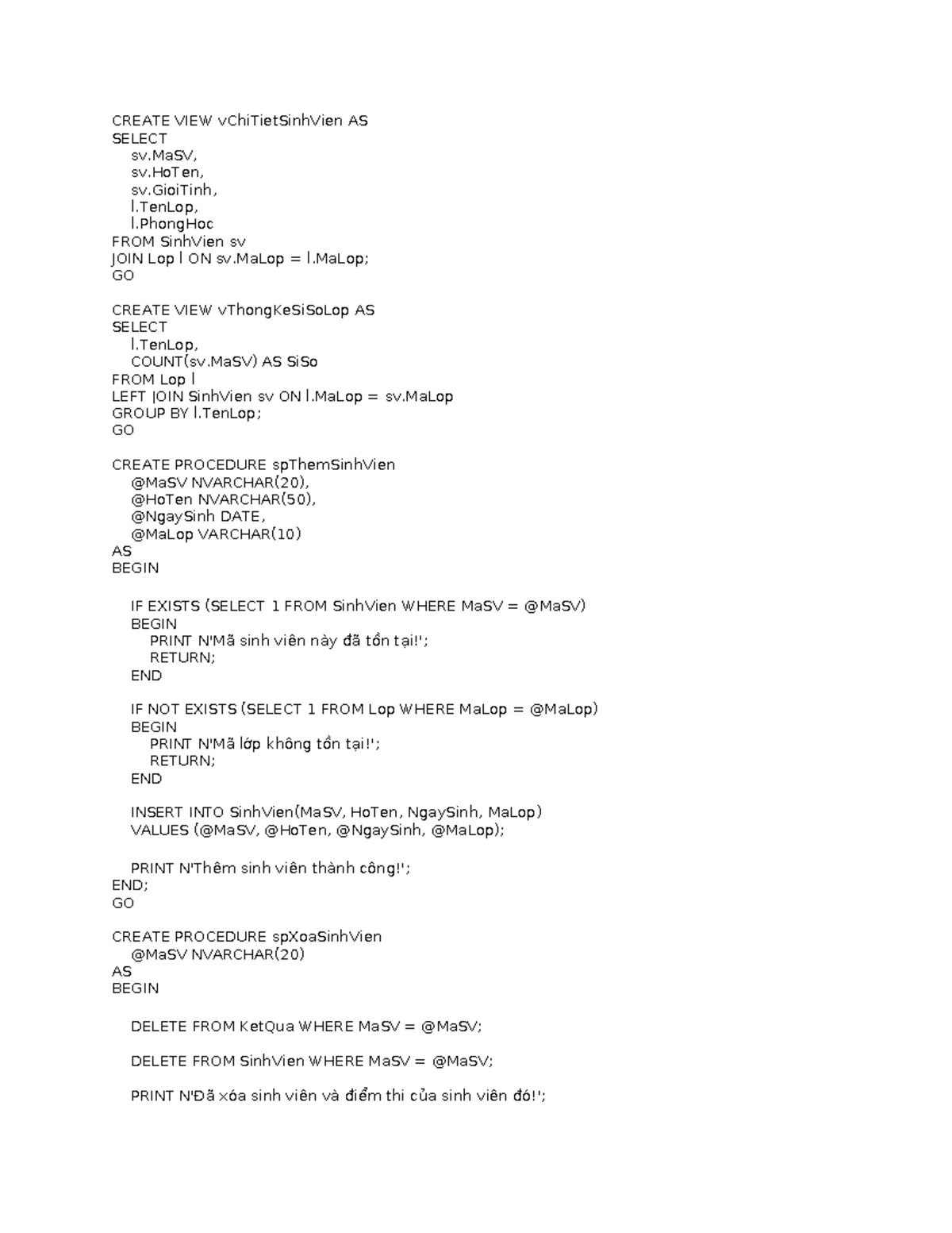 SQL Procedures and Views for Student Management (PTUDCSDL) - Studocu