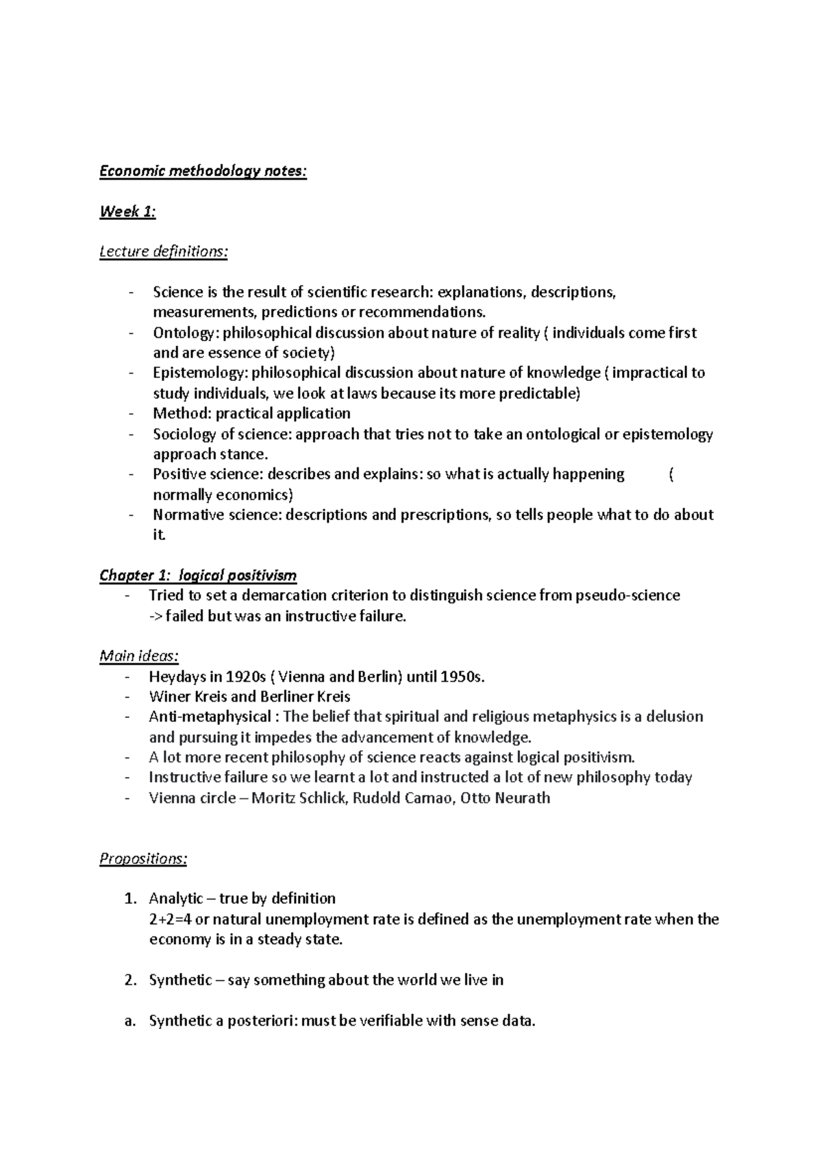 Econ 101 Lecture Notes: Economic Methodology Overview and Insights ...