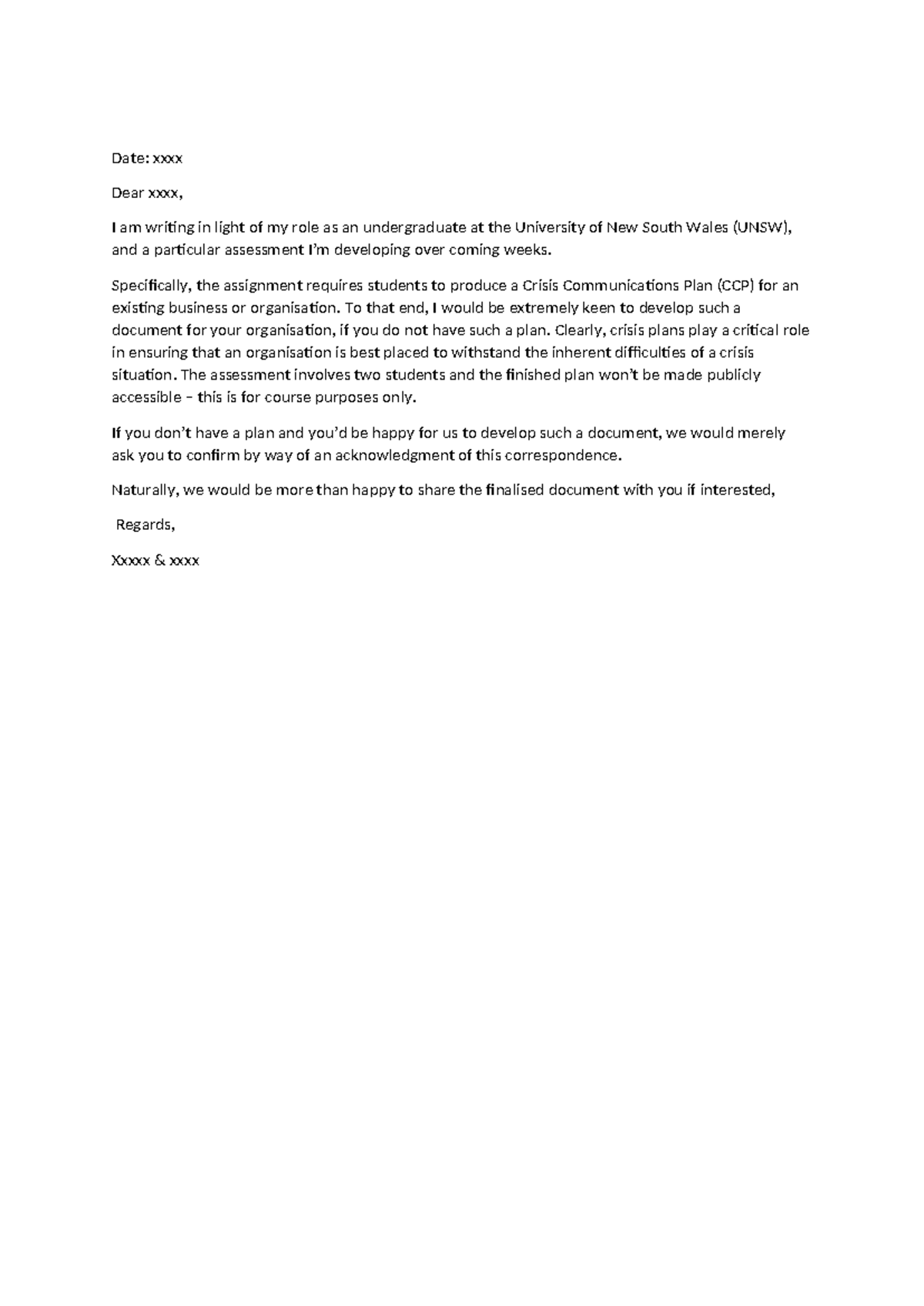 MDIA 3008 CCP Client Letter - Date: xxxx Dear xxxx, I am writing in ...