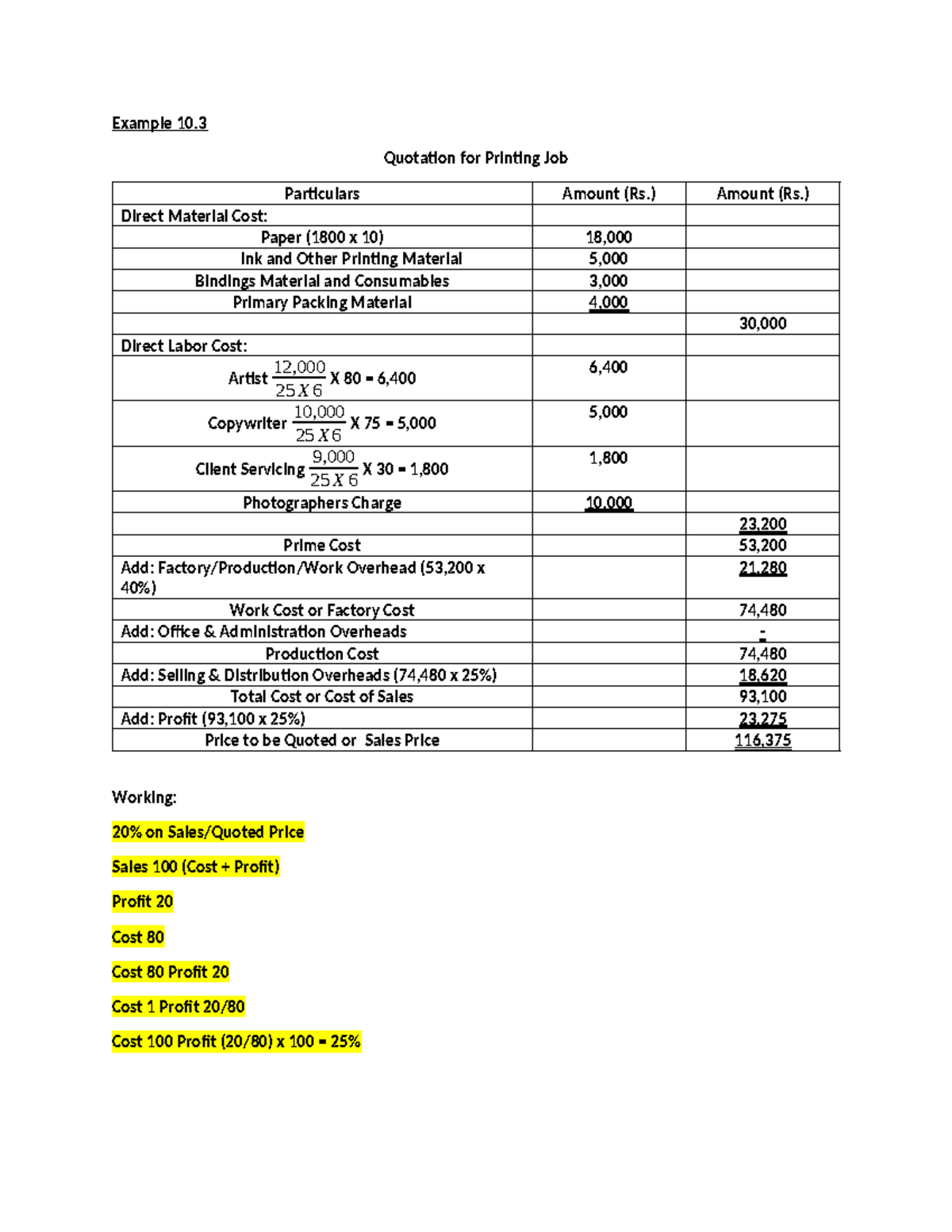 Job Solution Part 1 - Example 10. Quotation for Printing Job ...