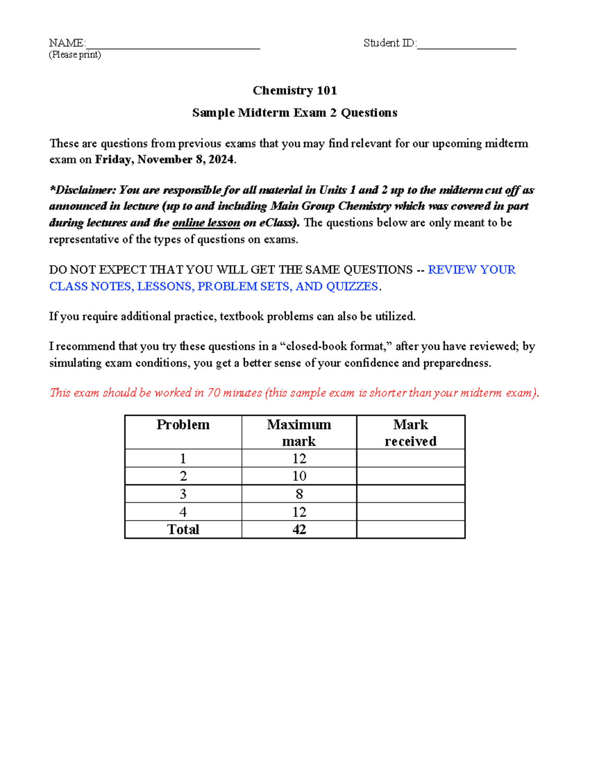 Chemistry 101: Sample Midterm Exam 2 Questions Guide - Studocu