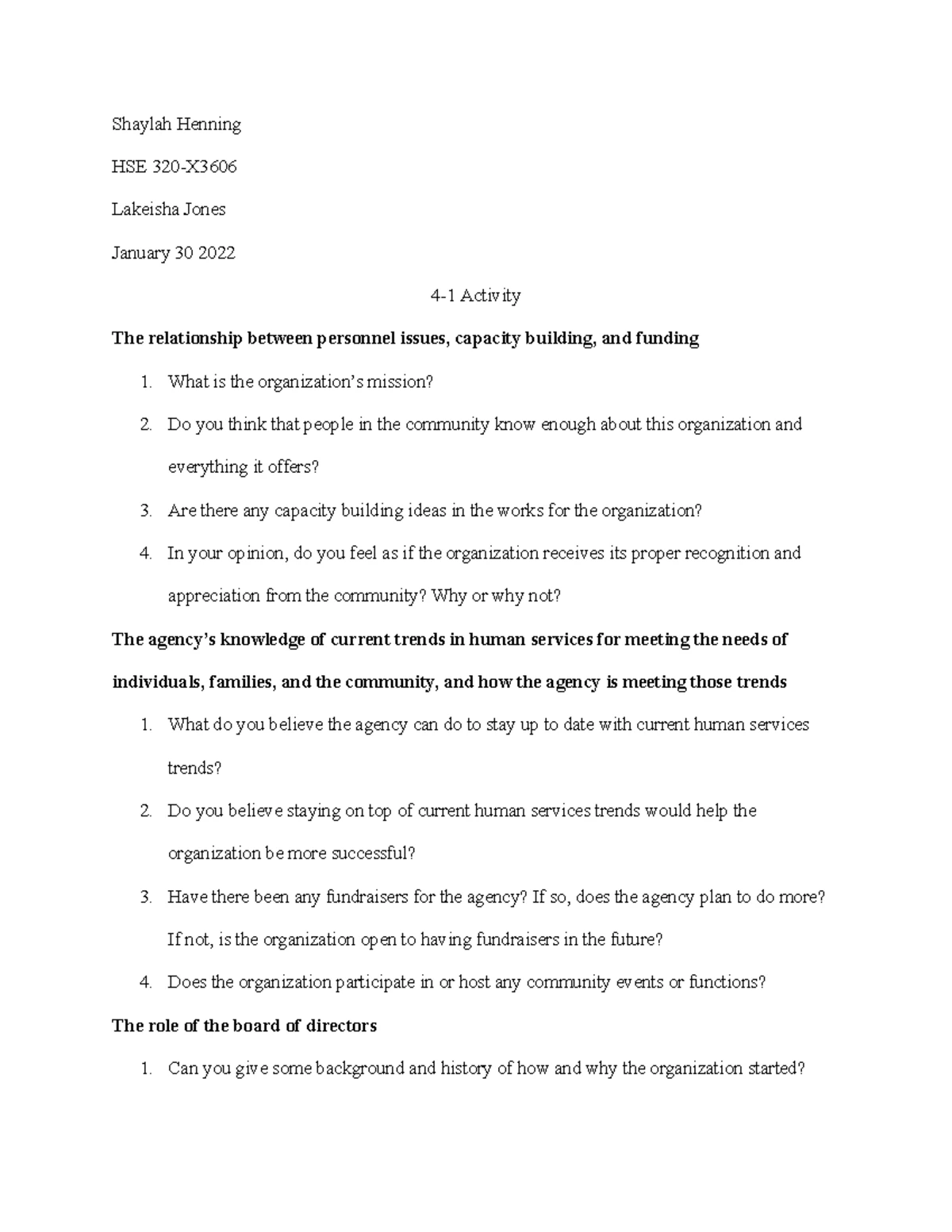 HSE-320 Week 4-1 Assignment: Nonprofit Agency Interview Qs - Studocu