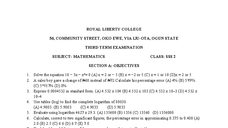SS 2 Mathematics 3rd Term Exam Questions 083001 - Studocu
