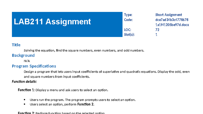 LAB211 Short Assignment: Solving Superlative & Quadratic Equations ...