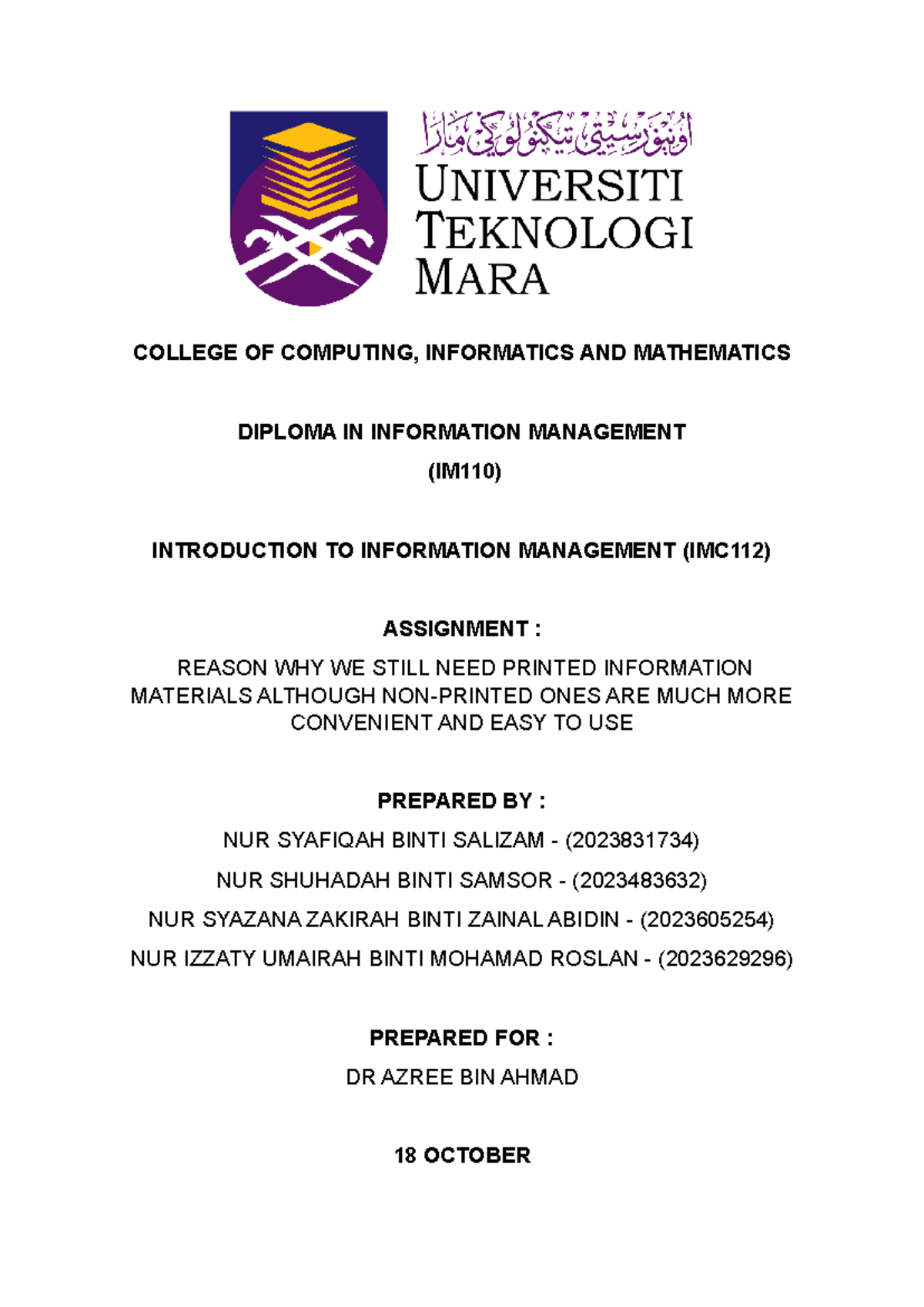 IMC 112 Assignment QUIZ 2 - COLLEGE OF COMPUTING, INFORMATICS AND ...