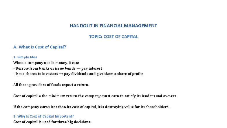 FINANCIAL MANAGEMENT HANDOUT: UNDERSTANDING COST OF CAPITAL - Studocu