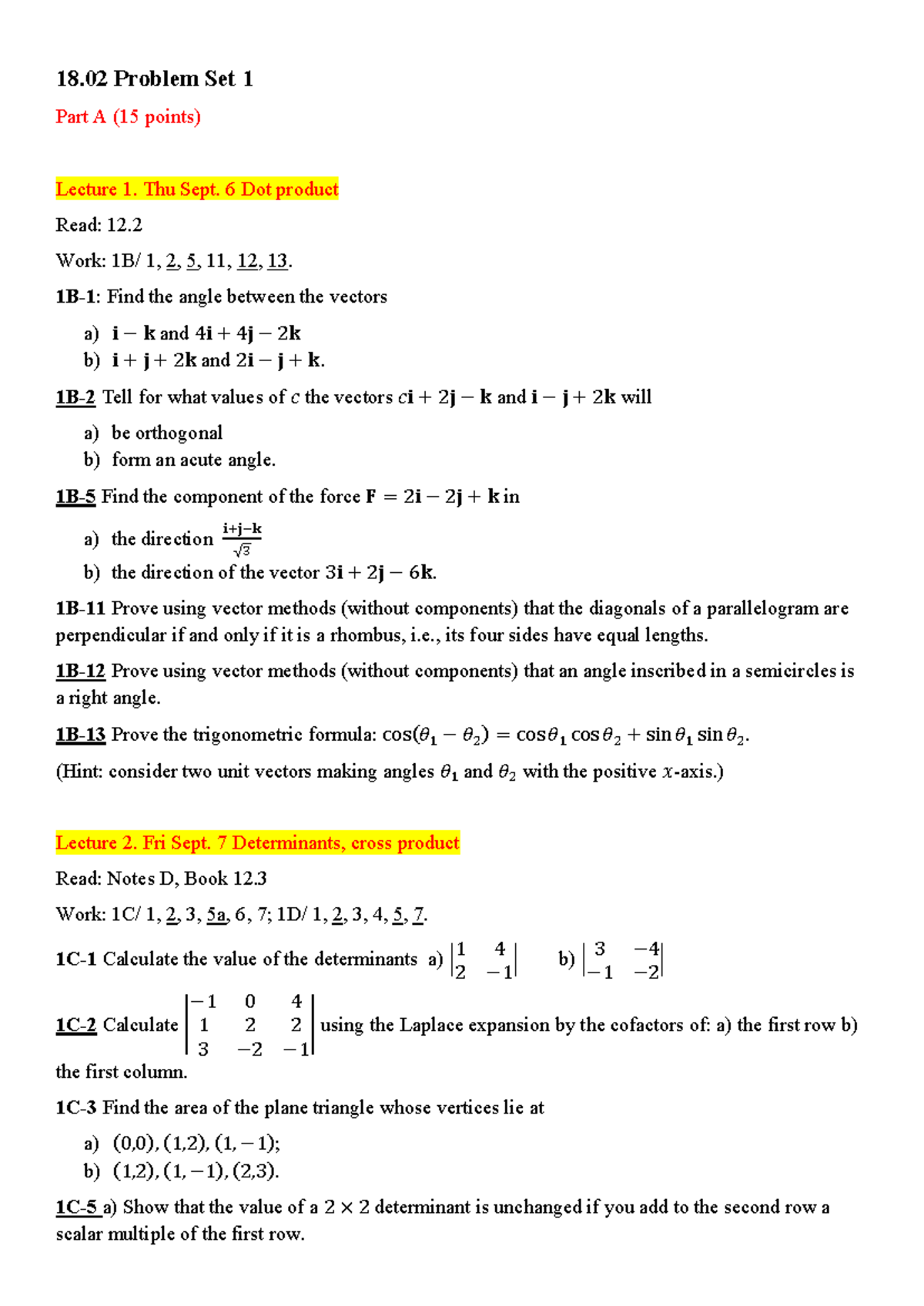 18.02 Problem Set 1 & 2: Vector Calculations and Theorems - Studocu