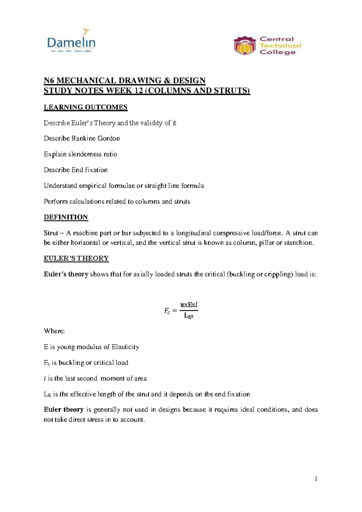 N6 Mechanical Drawing & Design: Week 12 Notes on Columns & Struts - Studocu