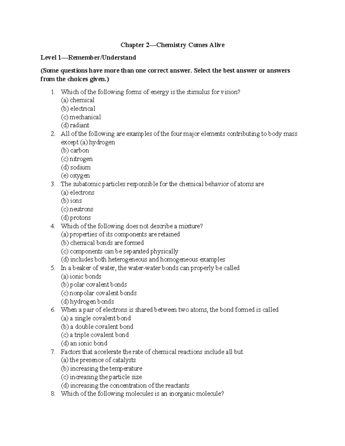 Chapter 2 Chemistry Comes Alive: Key Concepts &amp; Questions - Studocu