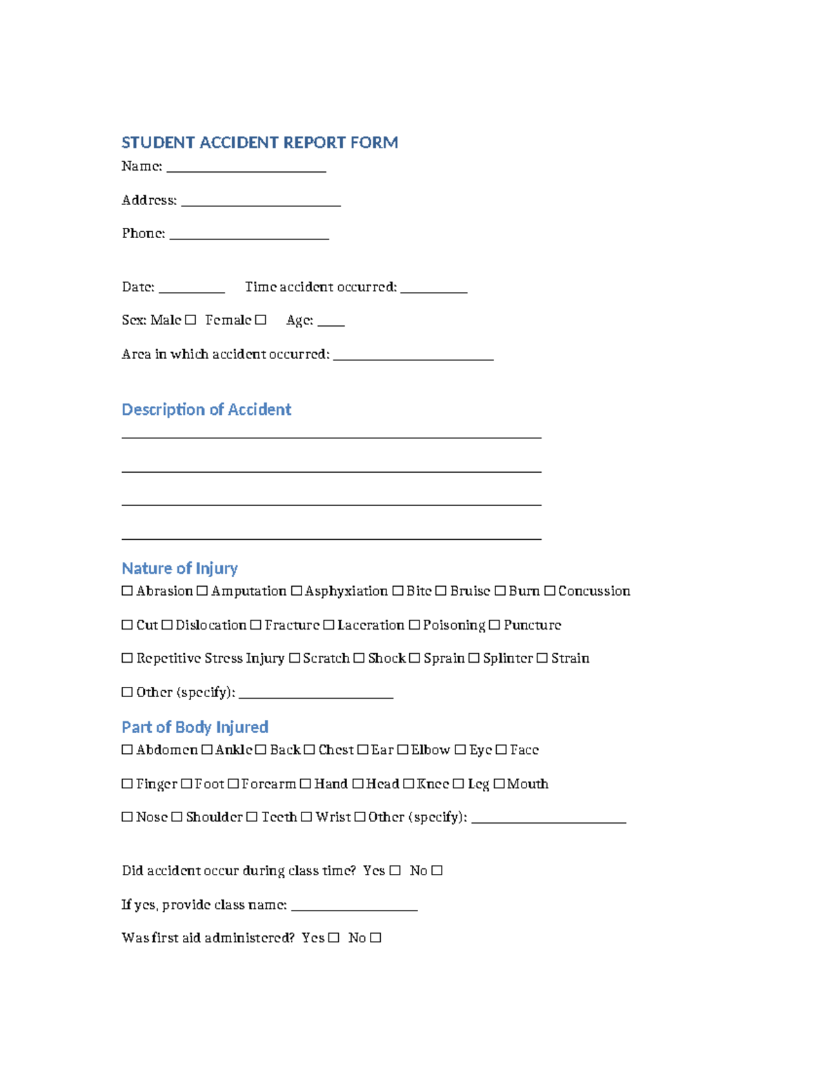 STUDENT ACCIDENT REPORT FORM - Blank Template - Studocu