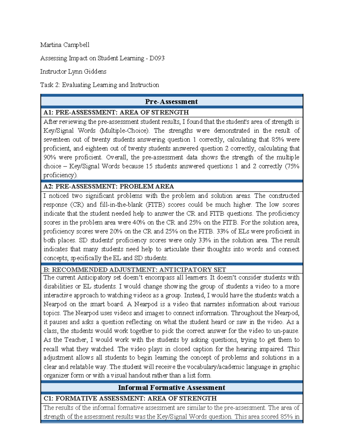 D093 Task 2 - Passed - Martina Campbell Assessing Impact on Student ...