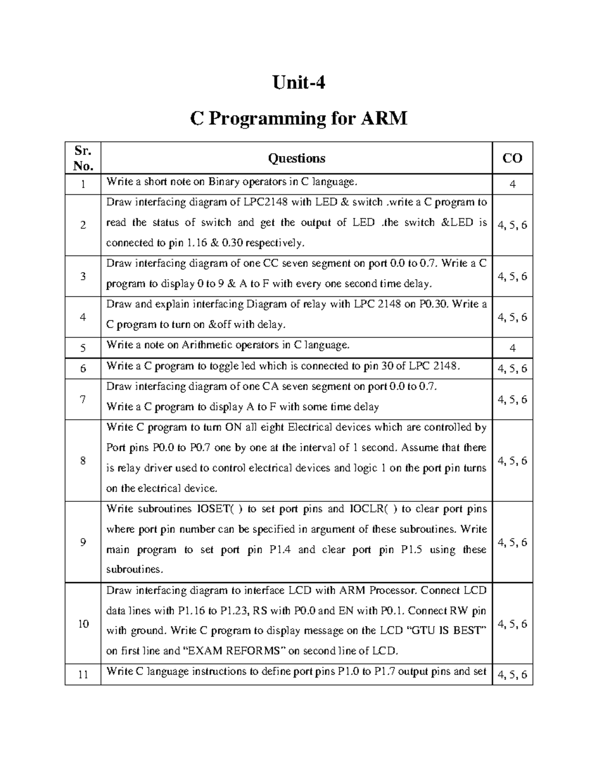 C Programming & Interfacing Techniques for ARM - CO 4, 5, 6 - Studocu