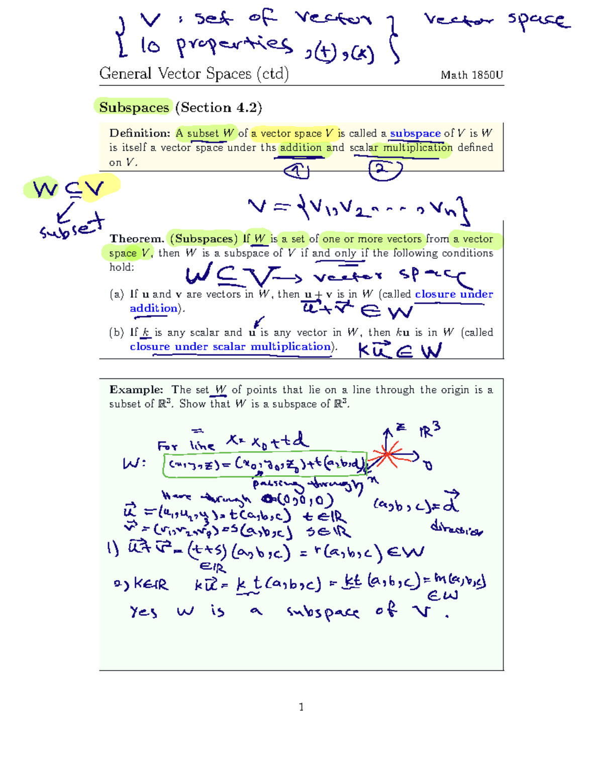 Math 1850U Lecture 11: Subspaces and Vector Spaces Explained - Studocu