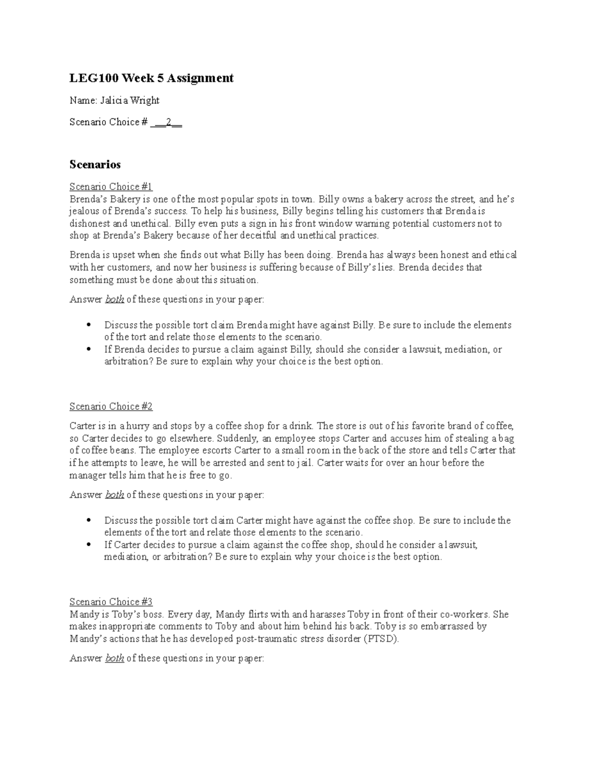 LEG100 Week 5 Assignment: Tort Claims & Legal Options Analysis - Studocu