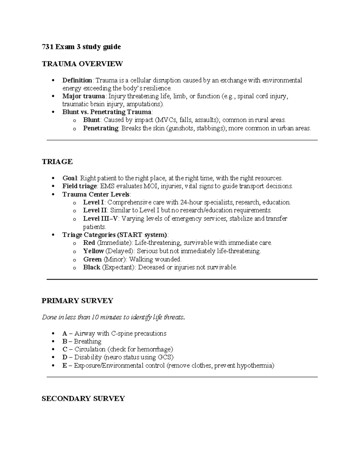 731 Exam 3 Study Guide: Comprehensive Overview of Trauma Management ...