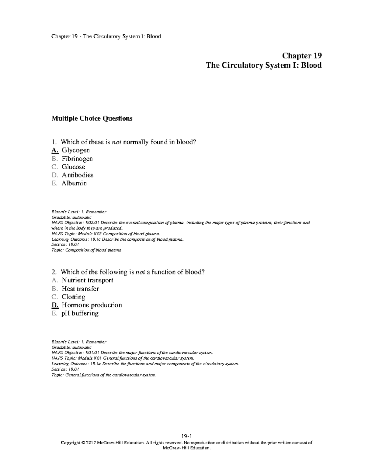 Chapter 19: The Circulatory System I - Blood MCQs and Study Guide - Studocu