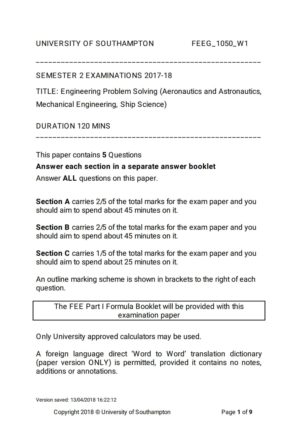 FEEG_1050_W1 Engineering Problem Solving Exam Guide for Semester 2 ...