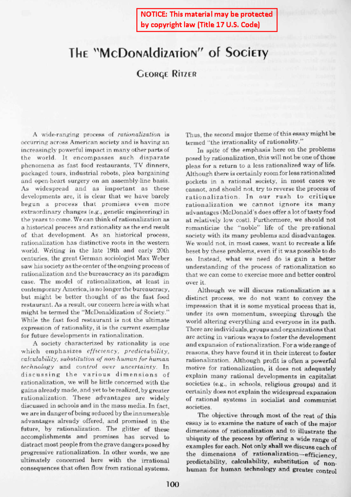 Ritzer's McDonaldization: The Impact of Rationalization on Society ...