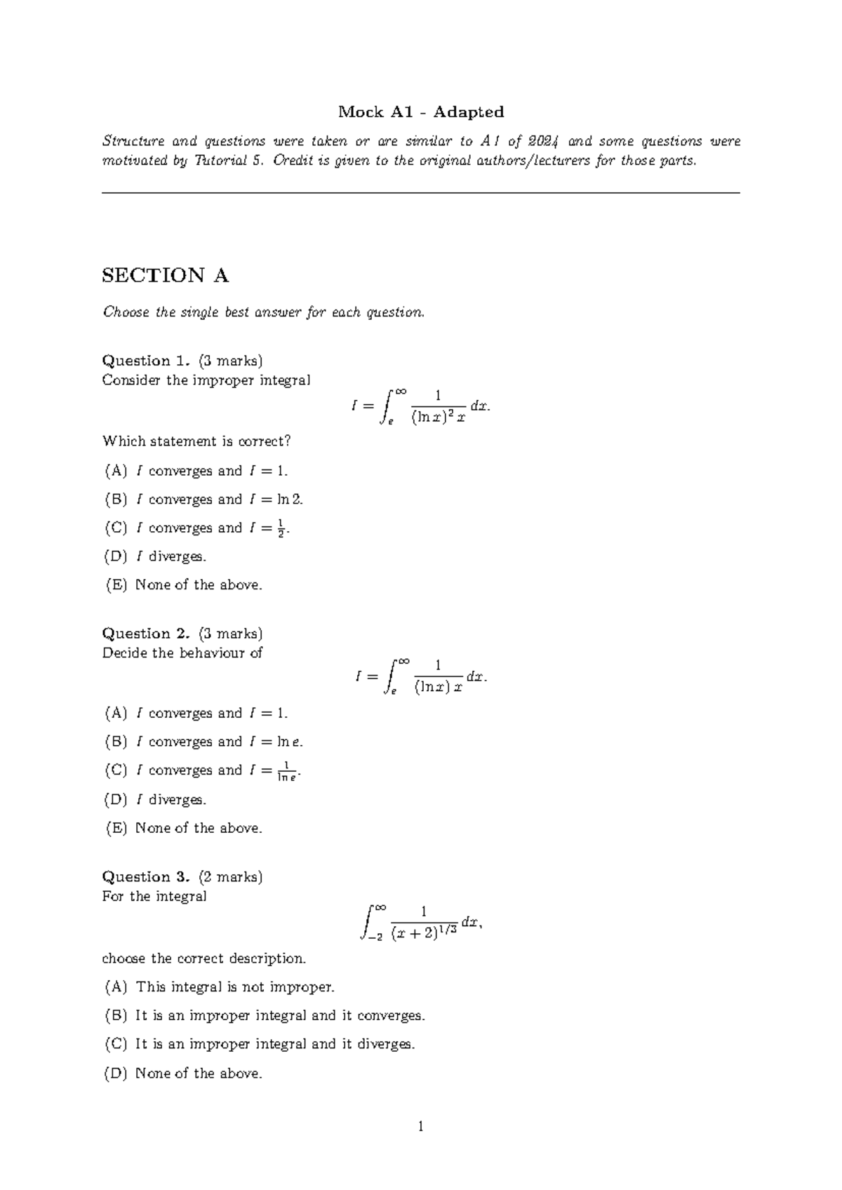 Mock A1 Test for Mathematics 244: Improper Integrals and Convergence ...