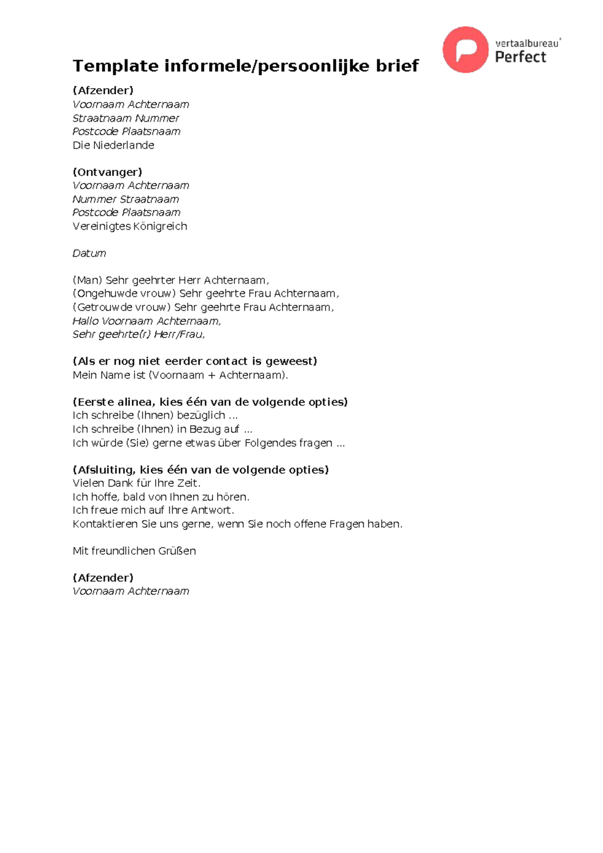 Template Duitse Informele Persoonlijke Brief - Studeersnel