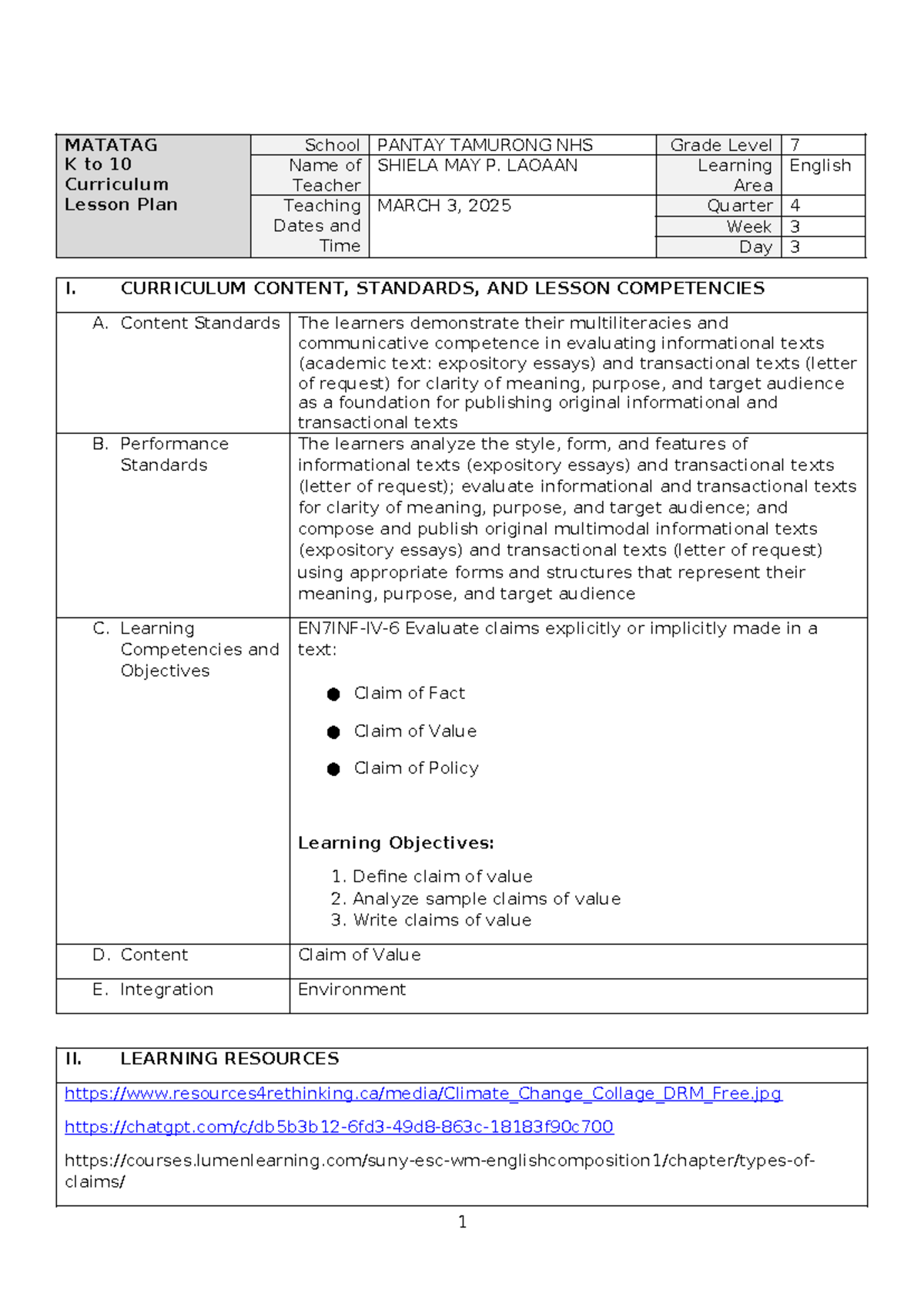 Quarter 4, Week 6, Lesson Plan Day 3 Final - MATATAG K to 10 Curriculum ...
