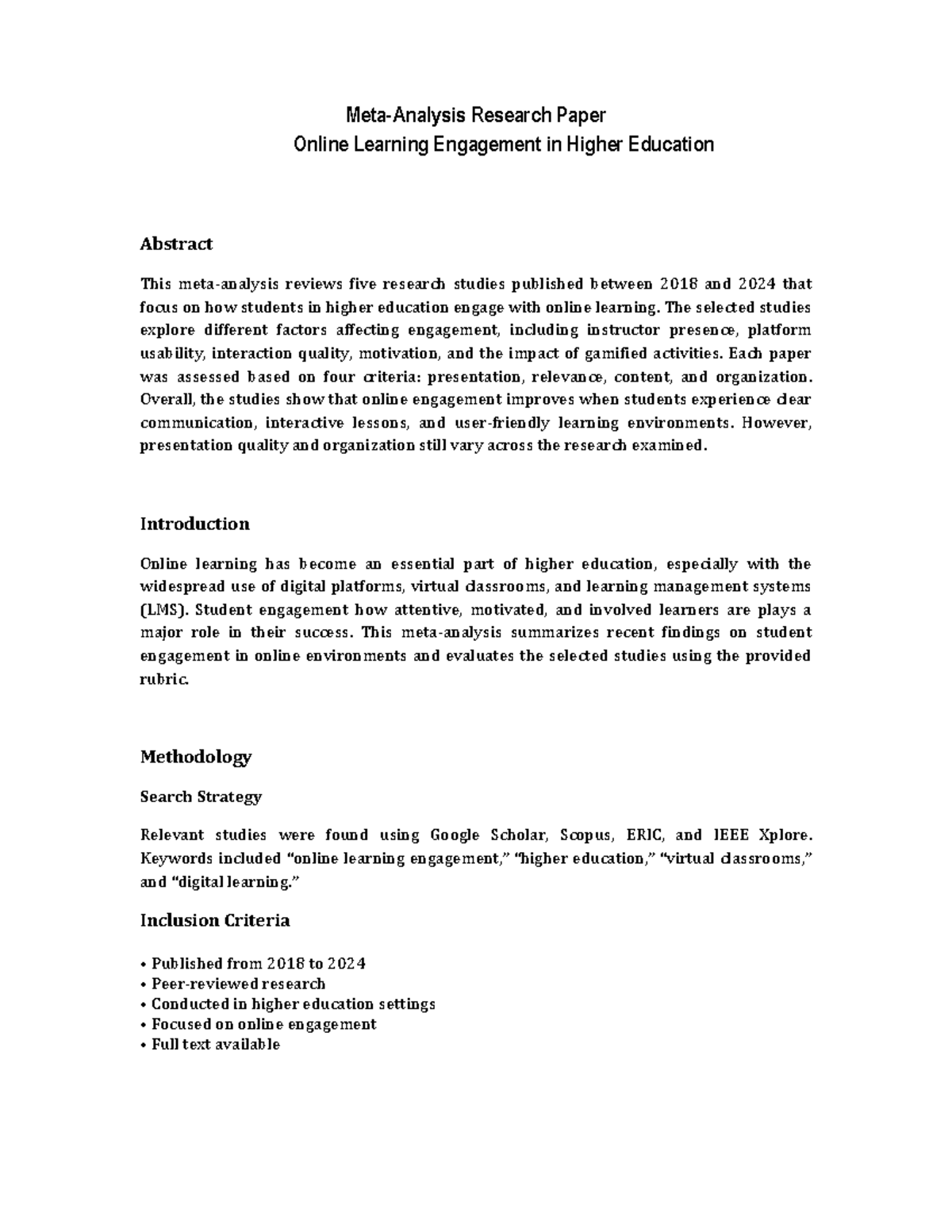Research Paper: Online Learning Engagement in Higher Ed (2018-2024 ...
