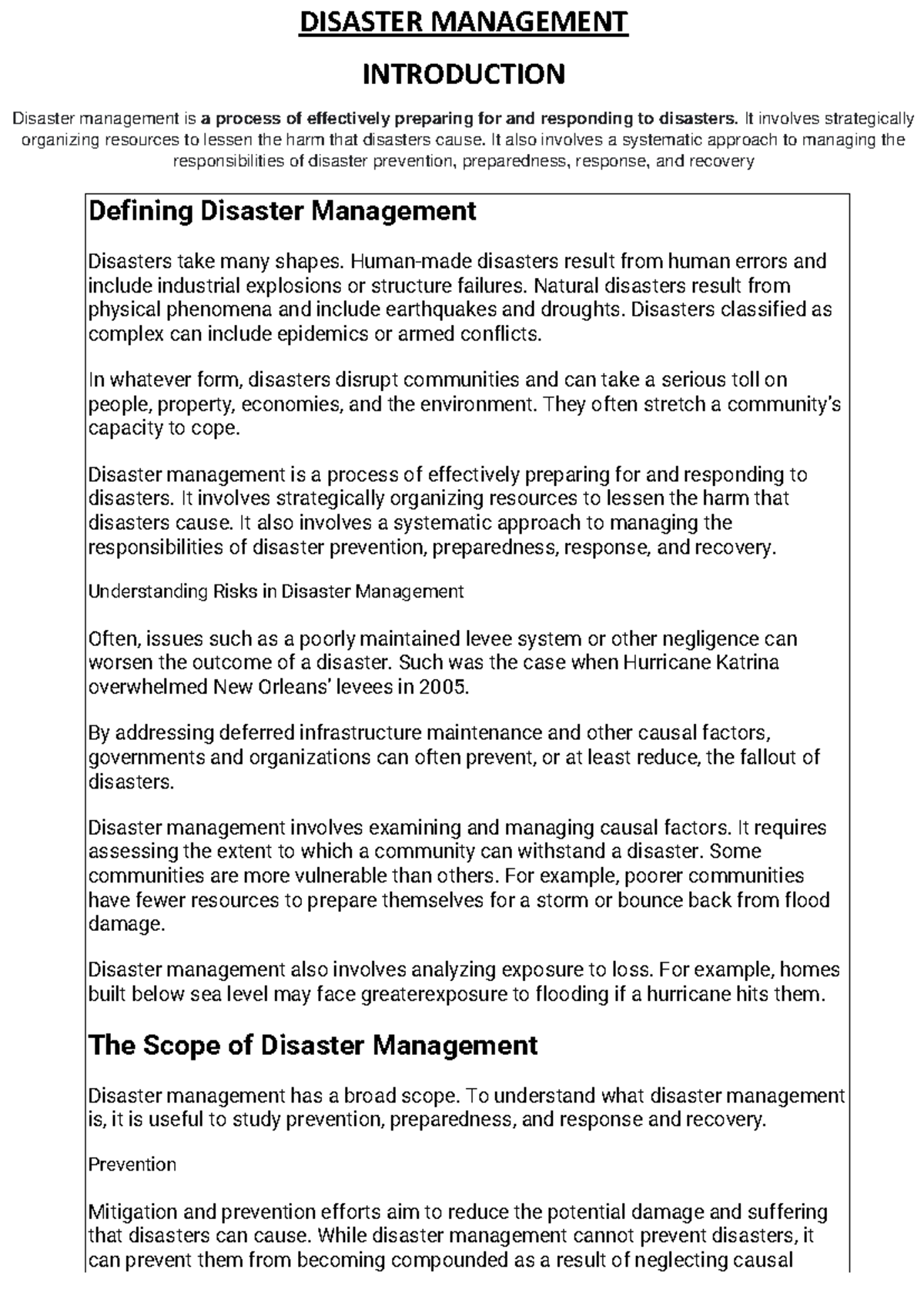 Introduction OF Disaster Management - DISASTER MANAGEMENT INTRODUCTION ...