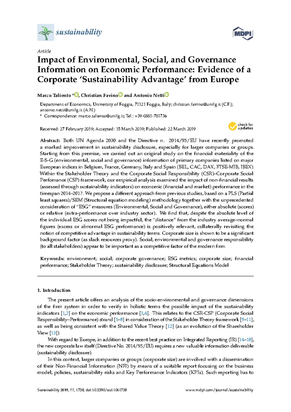 Impact of ESG on Economic Performance: Evidence from Europe ...
