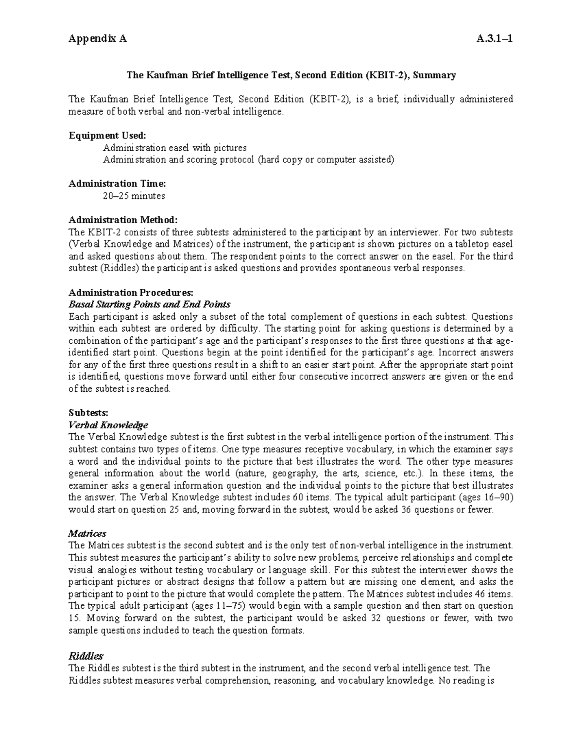 A.3.1 KBIT-2 - Psychological Test - Appendix A A.3- 1 The Kaufman Brief ...