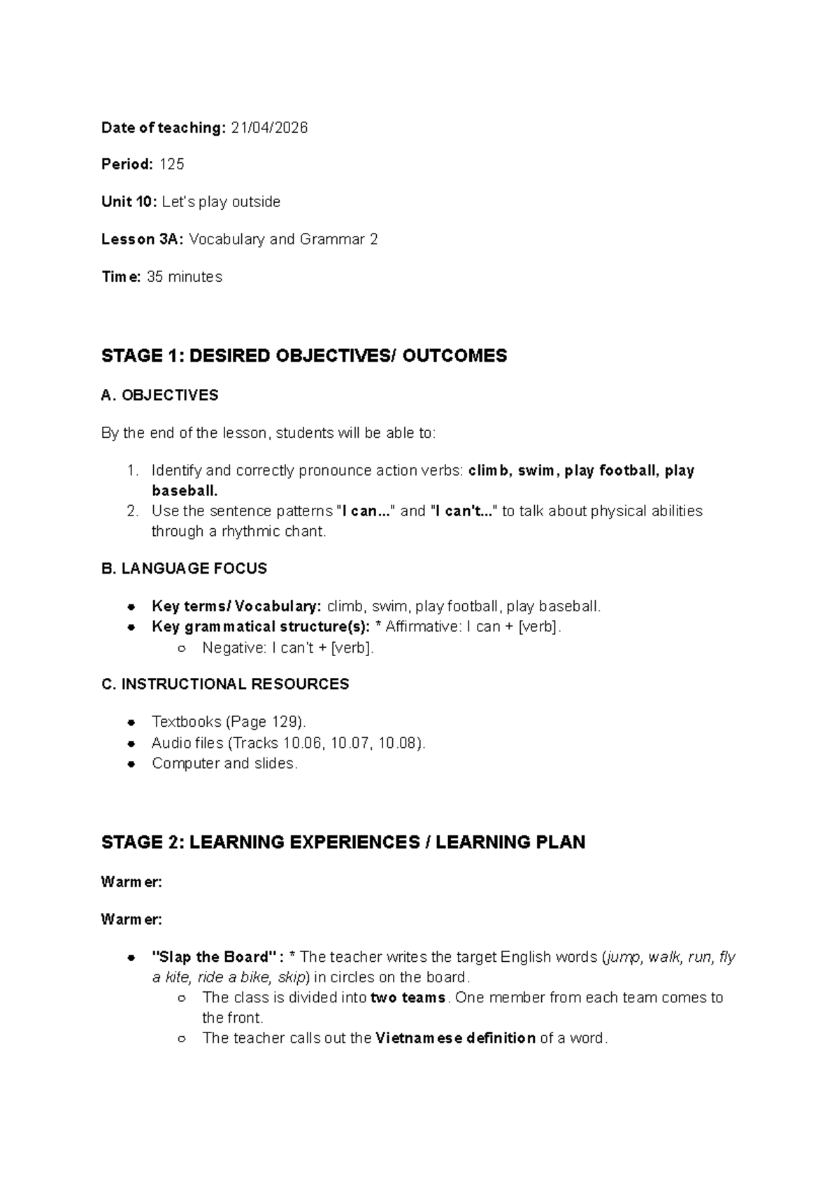 Lớp 3B: Unit 10 - Lesson 3A Vocabulary & Grammar Guide - Studocu