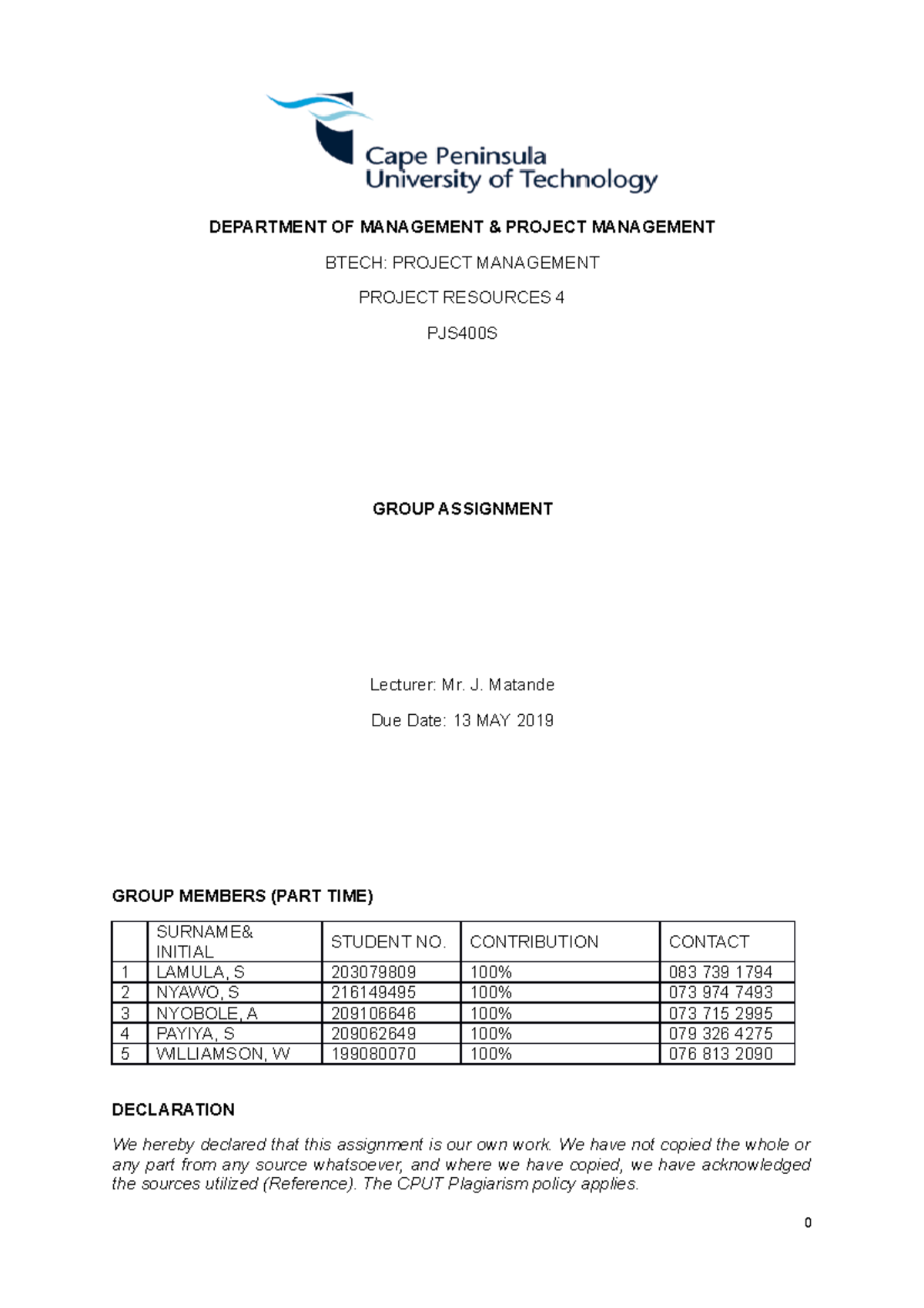 Project Resources 4 PJS400S Group Assignment - DEPARTMENT OF MANAGEMENT ...