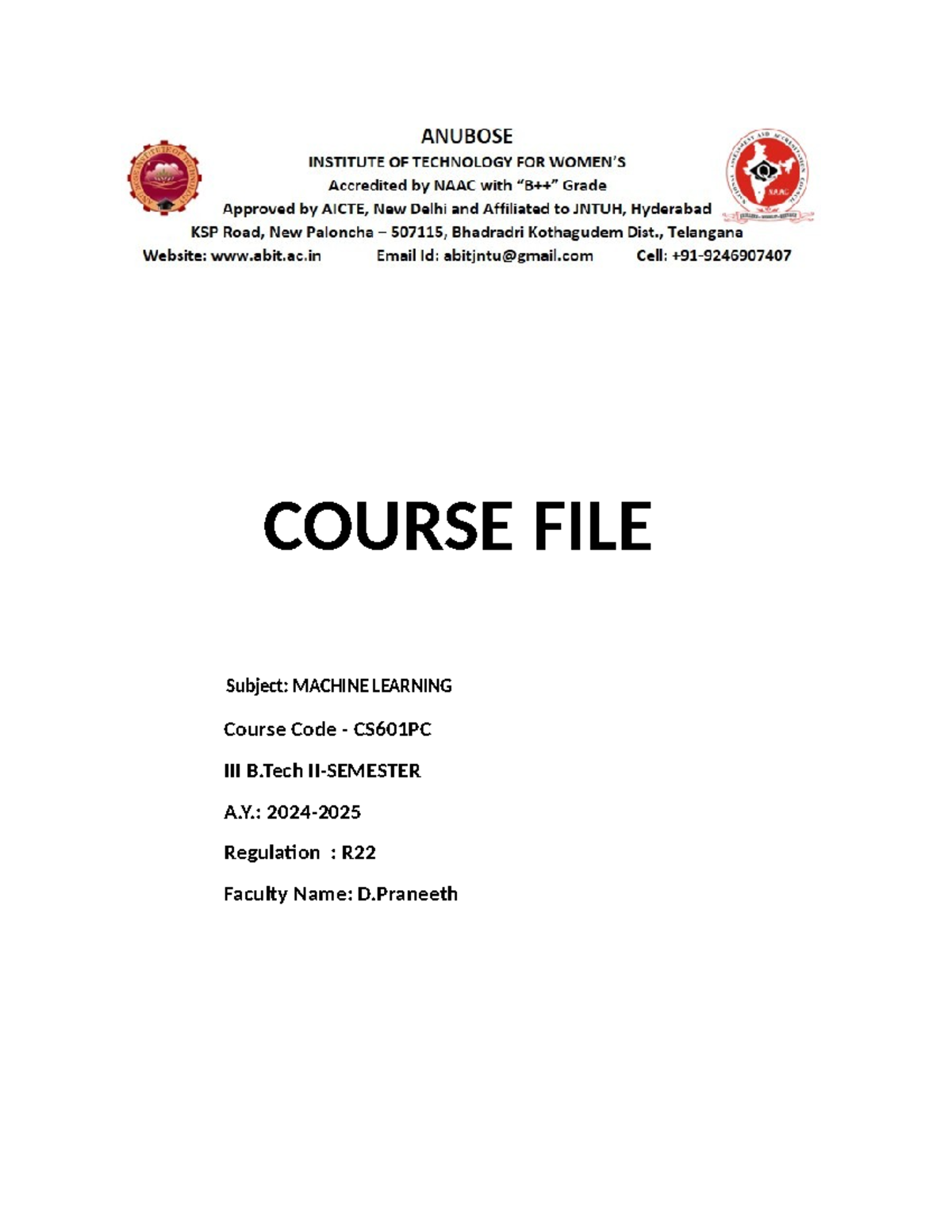 Machine Learning Course File: CS601PC B.Tech R22 Lesson Plan & Exam ...