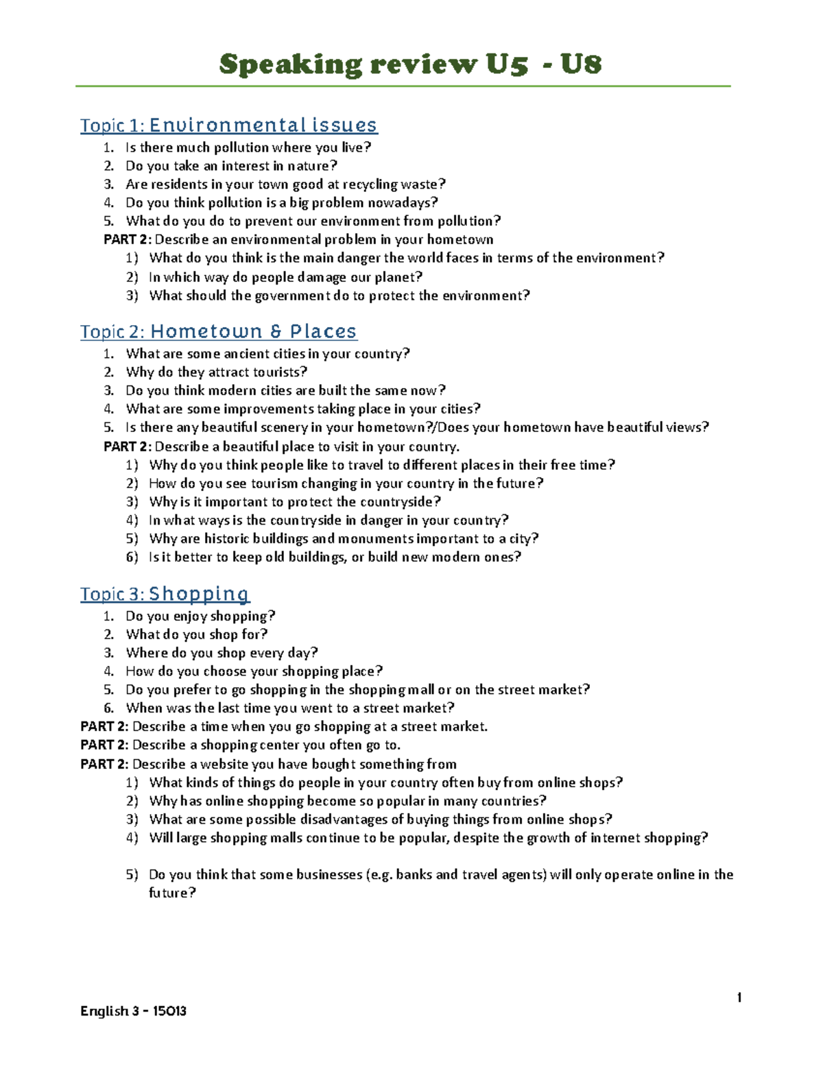Speaking Review: Environmental Issues & Hometown Places (English 3 ...