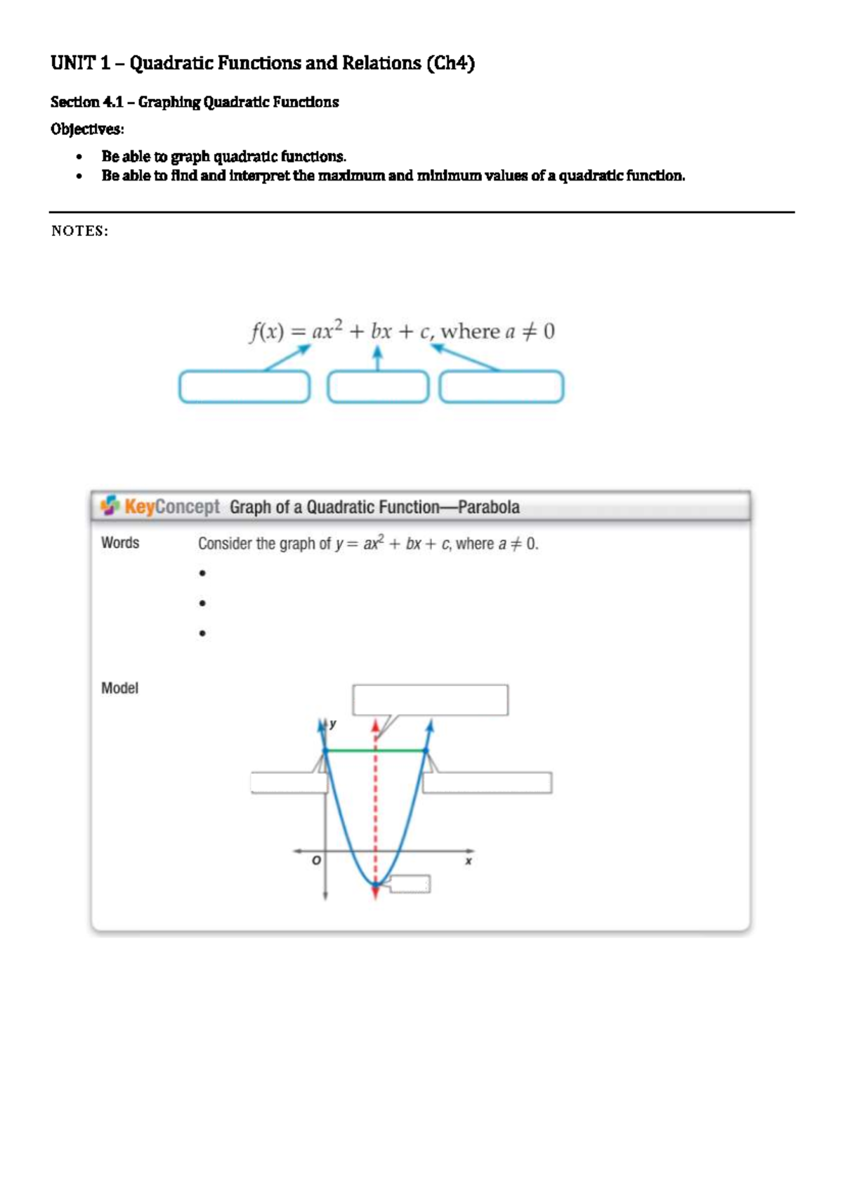 UNIT 1: Graphing Quadratic Functions & Relations (Ch4) - Studocu
