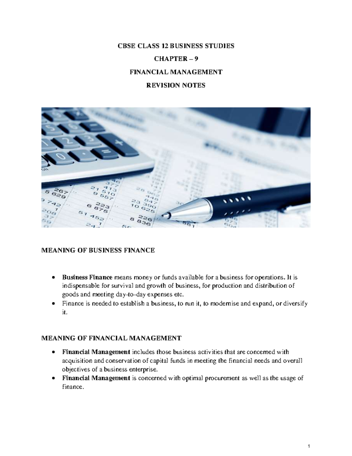 Class 12 Business Studies Chapter 9 Financial Management Revision Notes ...