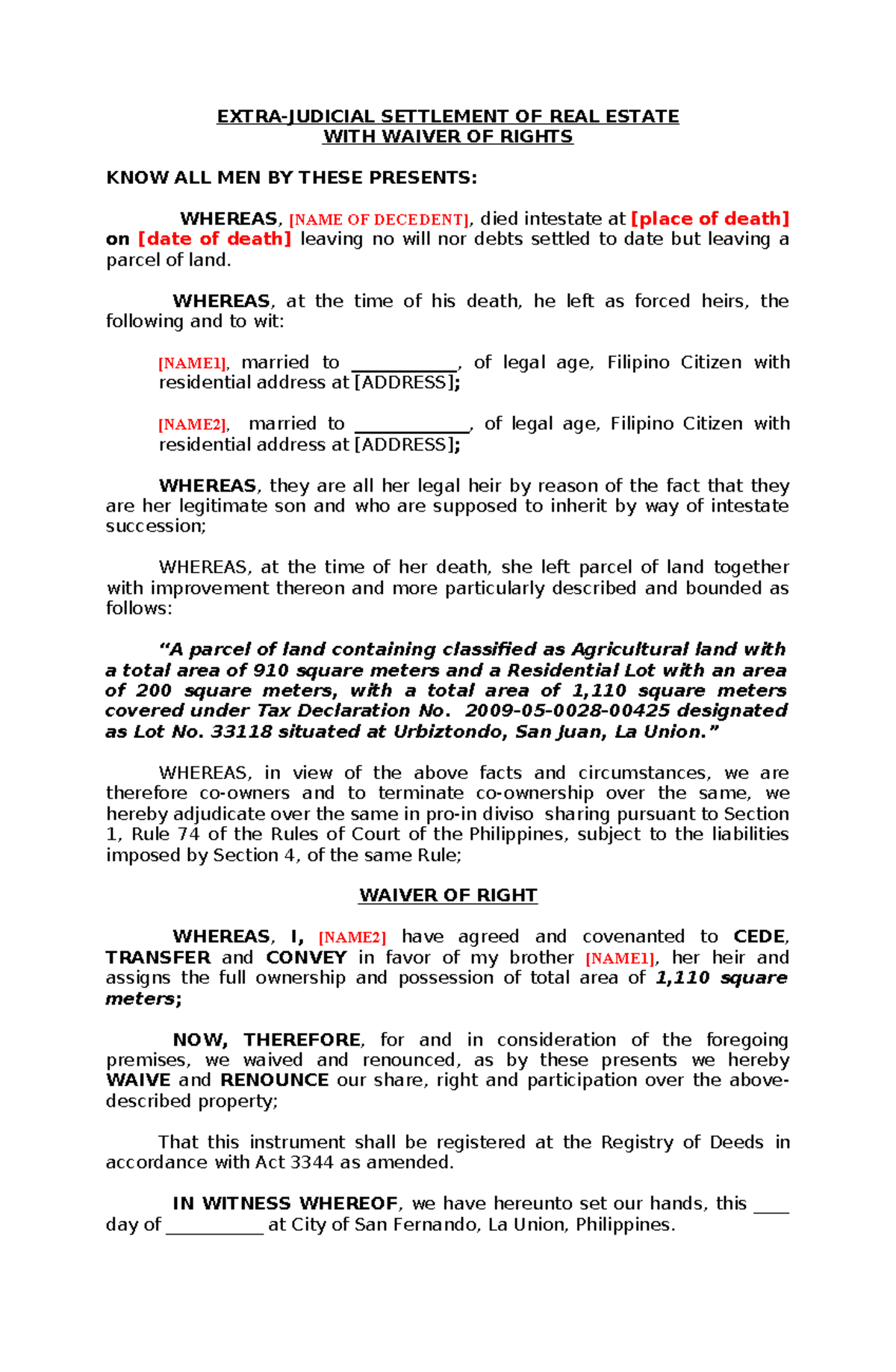 DEED OF EXTRA-JUDICIAL SETTLEMENT WITH WAIVER OF RIGHTS - Studocu