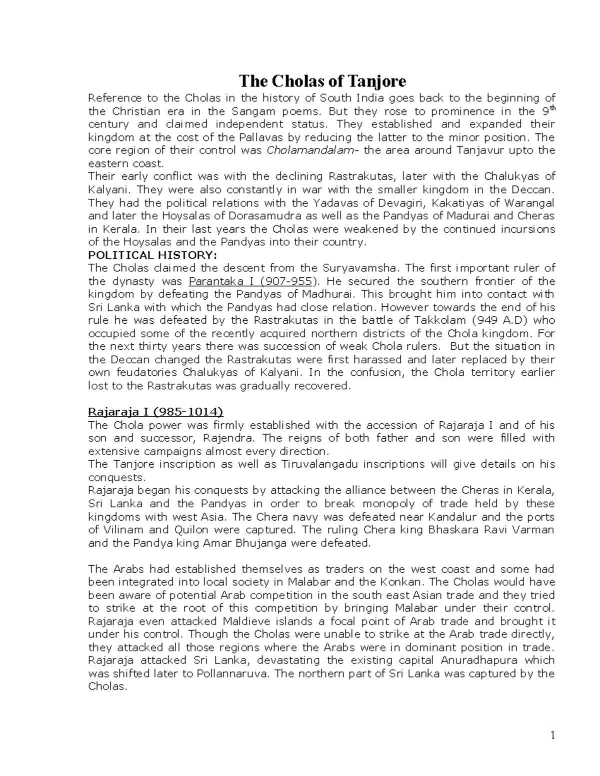 Cholas (BA History II Sem) - Comprehensive Study Notes - Studocu